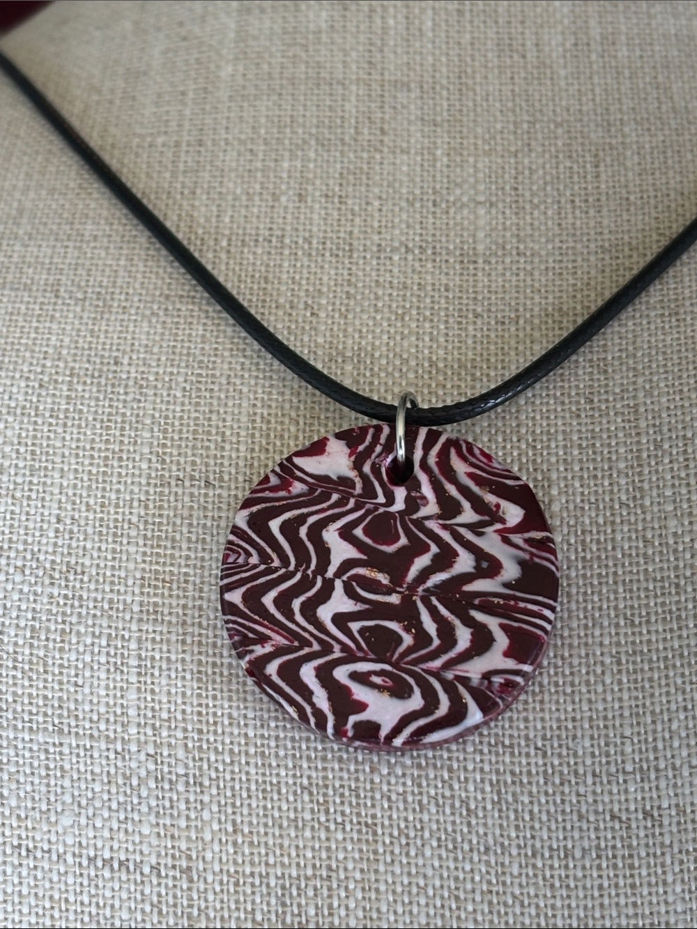 🔴Brand New Burgundy & White Polymer Clay Pendant Necklace With Cord, Reversible